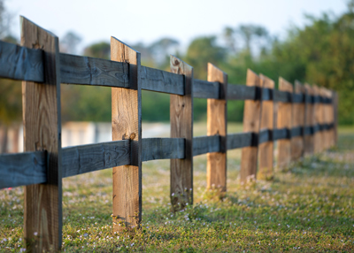 wooden fence lined in a grassy field with trees in the background